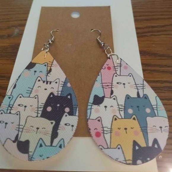 COLORFUL CAT PRINTS | Jewelry | Colorful Cat Print Faux Leather Teardrop Earrings | Poshmark